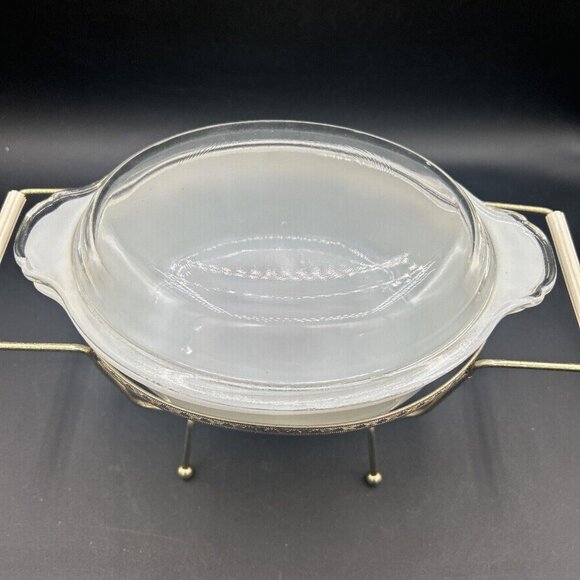 Fire King Milk Glass Casserole Dish w/ Clear Lid 1.5 QT w/ Cradle Candle-Warmer - Picture 6 of 10
